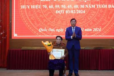 Trưởng ban Dân vận Thành ủy Đỗ Anh Tuấn trao Huy hiệu Đảng tại Quốc Oai
