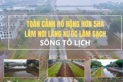 Toàn cảnh hồ rộng hơn 5ha làm nơi lắng nước "rửa" sạch sông Tô Lịch