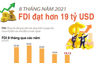 [Infographic] 8 tháng năm 2021, Việt Nam thu hút hơn 19 tỷ USD vốn FDI