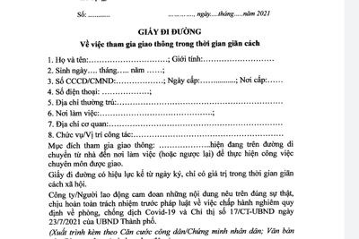 Hà Nội: Mẫu giấy tờ sử dụng cho người đủ điều kiện lưu thông trên địa bàn Thành phố