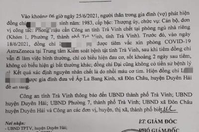 Công an tỉnh Trà Vinh thông tin một thượng úy tử vong tại nhà riêng
