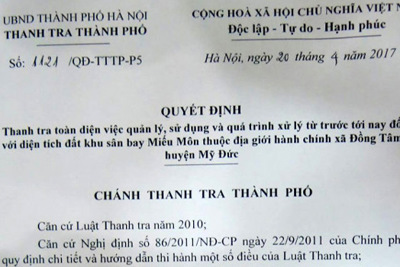 Thanh tra toàn diện khu đất sân bay Miếu Môn thuộc xã Đồng Tâm trong 45 ngày