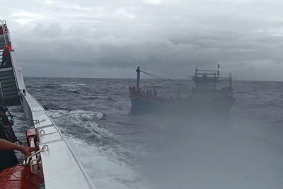 Tàu kiểm ngư cứu tàu cá Bình Định trên biển Trường Sa