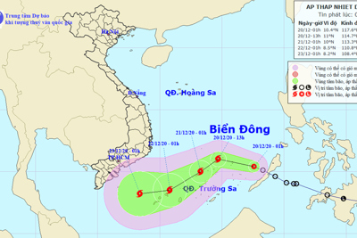 Áp thấp nhiệt đới vào Biển Đông, di chuyển theo hướng Tây Tây Bắc