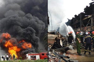 Đã khống chế đám cháy kho hàng ở cảng Đức Giang, quận Long Biên