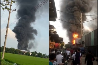 Hà Nội: Cháy lớn tại xưởng gỗ rộng hơn 2.000m2 ở huyện Thạch Thất