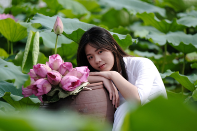 Vẻ đẹp thiếu nữ Hà Thành khoe sắc cùng hoa sen