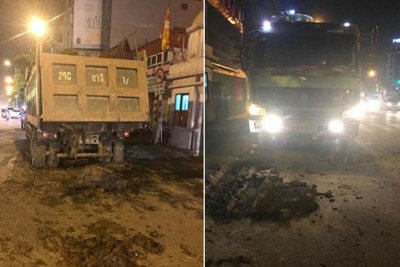 Hà Nội: Cảnh sát tóm gọn xe tải chở đất vương vãi khắp đường