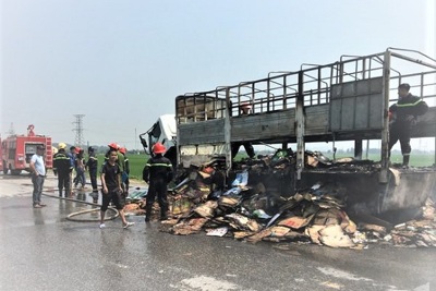 Nghệ An: Xe tải chở bìa các tông bốc cháy trên quốc lộ 7