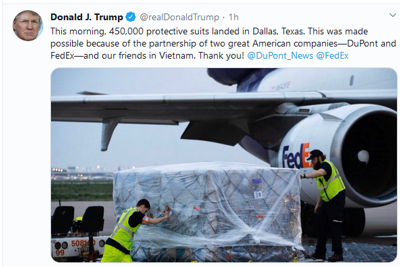 Tổng thống Trump cảm ơn Việt Nam phối hợp chuyển giao hơn 450.000 bộ đồ bảo hộ cho Mỹ