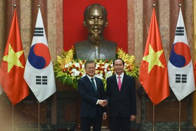 [Chùm ảnh]: Chủ tịch nước Trần Đại Quang chủ trì lễ đón Tổng thống Hàn Quốc Moon Jae-in