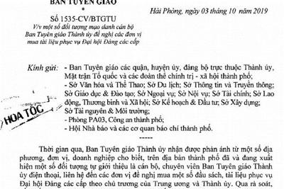 Hải Phòng cảnh báo mạo danh Ban Tuyên giáo Thành ủy lừa đảo bán tài liệu