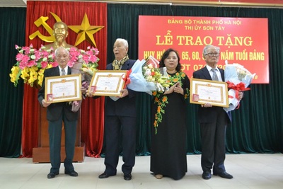 Phó Bí thư Thành ủy Nguyễn Thị Bích Ngọc trao Huy hiệu Đảng tại thị xã Sơn Tây