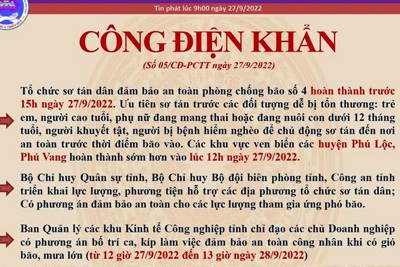 Thừa Thiên Huế khẩn trương sơ tán người dân trước 15 giờ ngày 27/9