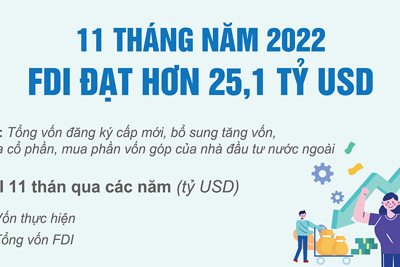 11 tháng năm 2022, thu hút FDI đạt hơn 25,1 tỷ USD