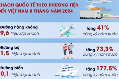 Hơn 11,4 triệu khách quốc tế đến Việt Nam trong 8 tháng năm 2024