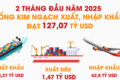 Tổng kim ngạch xuất, nhập khẩu hàng hóa 2 tháng đầu năm đạt 127,07 tỷ USD