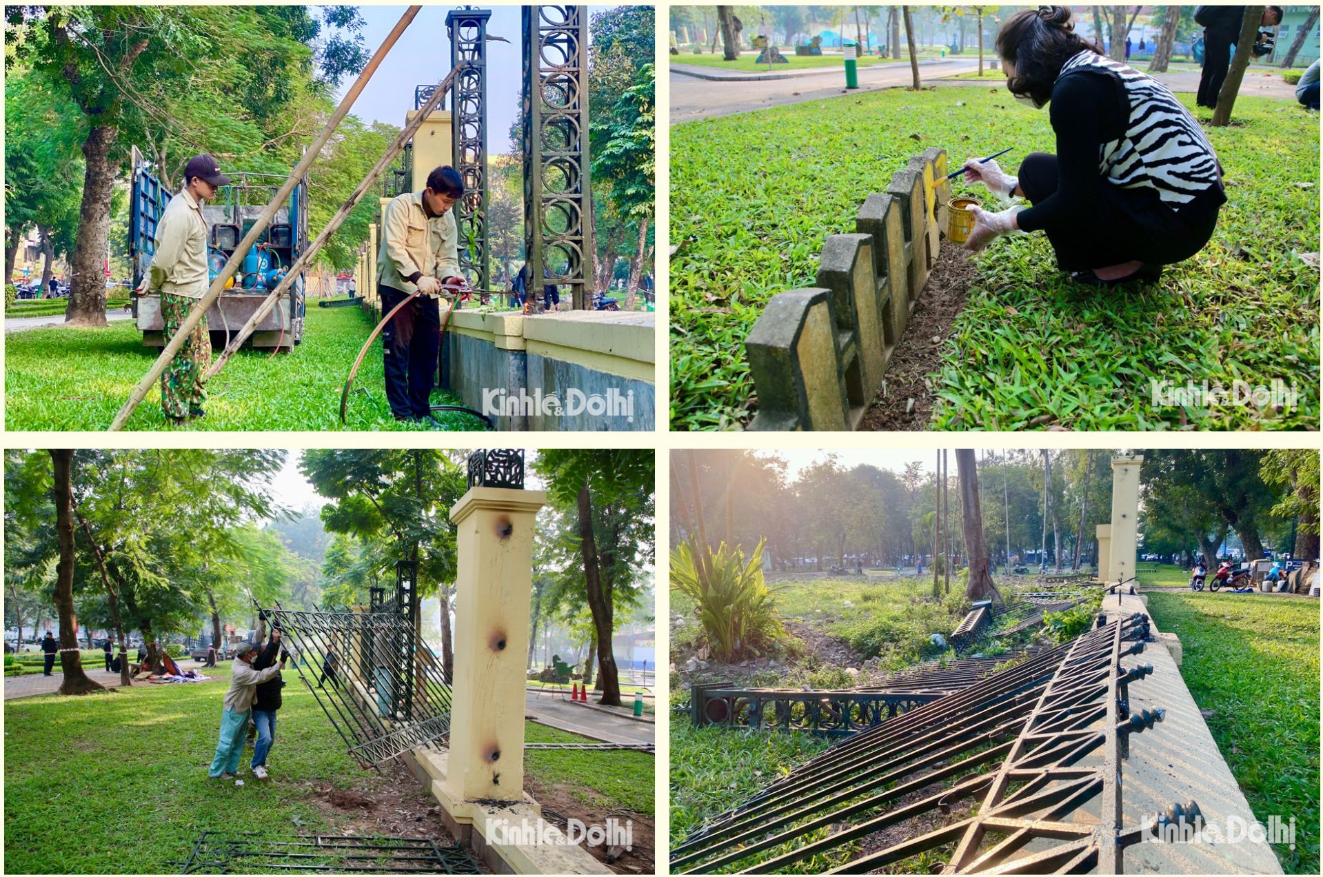 C&ocirc;ng nh&acirc;n hạ r&agrave;o sắt v&agrave; chỉnh trang từng cảnh quan của C&ocirc;ng vi&ecirc;n Thống Nhất ở ph&iacute;a đường Trần Nh&acirc;n T&ocirc;ng.