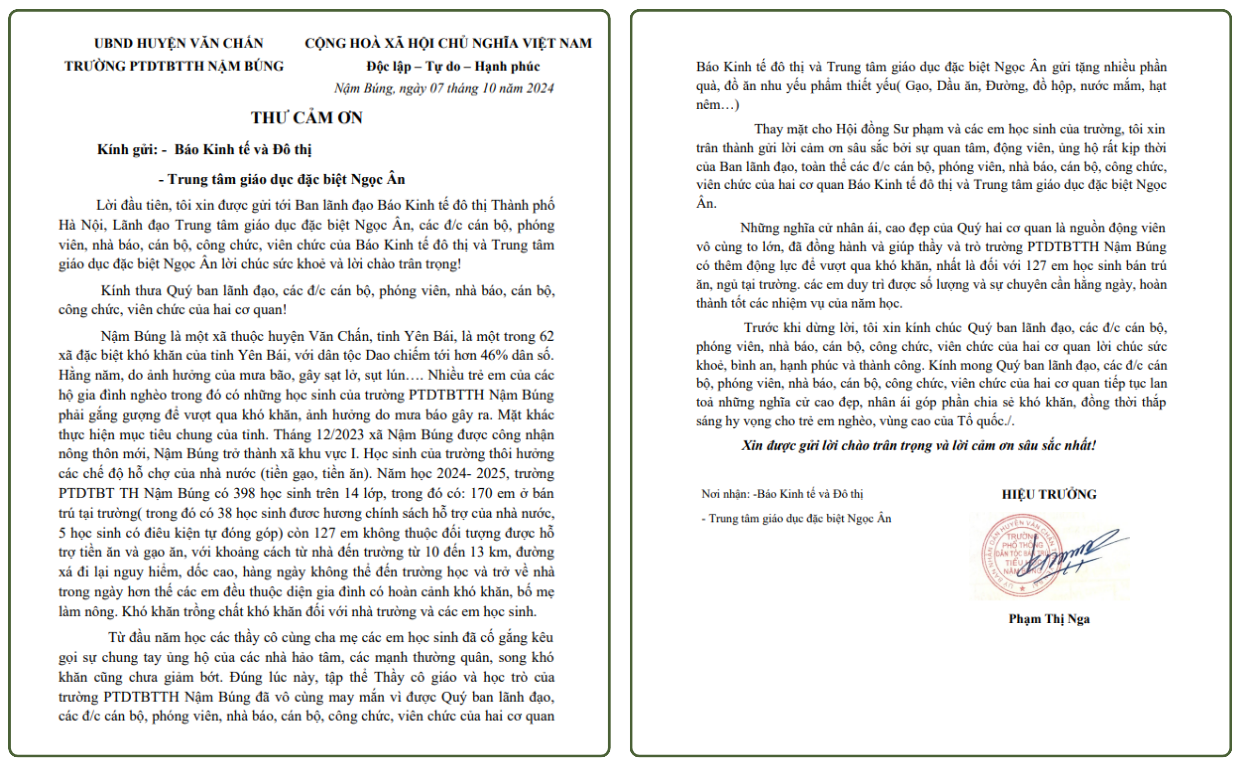 Tr&acirc;n trọng những t&igrave;nh cảm m&agrave; đo&agrave;n c&ocirc;ng t&aacute;c d&agrave;nh cho nh&agrave; trường, Hiệu trưởng Trường PTDT b&aacute;n tr&uacute; Tiểu học Nậm B&uacute;ng v&agrave; Trường mầm non Chế Tạo đ&atilde; gửi thư để cảm ơn.