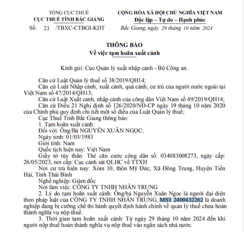 Tạm hoãn xuất cảnh Giám đốc công ty Nhân Trung - Ảnh 1