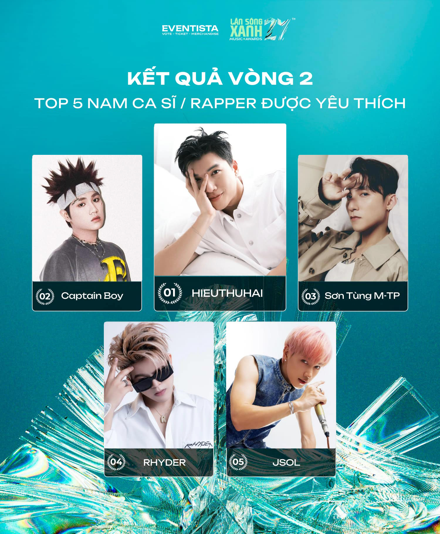 Top 5 Nam nữ ca sĩ/rapper được yêu thích năm 2024 tại giải thưởng Làn sóng xanh.