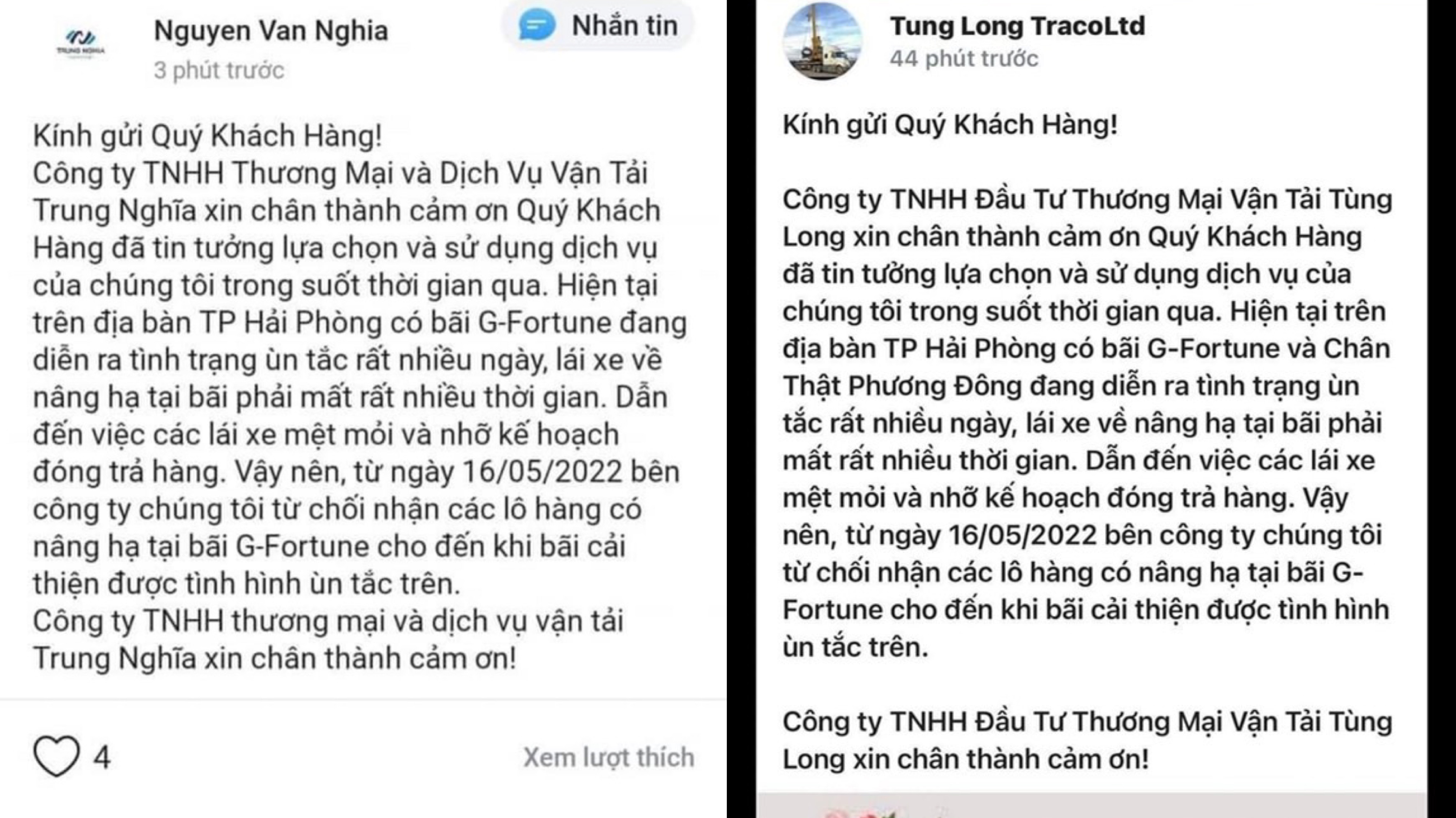 Nhiều doanh nghiệp vận tải đã ra thông báo ngừng nhận giao, nhận hàng.