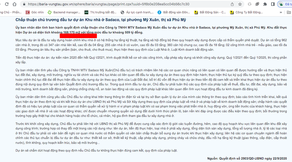 Công thông tin điện tử tỉnh Bà Rịa - Vũng Tàu đăng tải công khai Quyết định số 2903/QĐ-UBND ngày 22/9/2020 của UBND tỉnh này, với phần diện tích phê duyệt cho dự án Phú Mỹ Gold City là hơn 16,8 ha