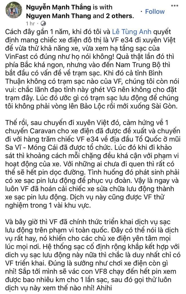 Dịch vụ sạc pin lưu động của VinFast gây ấn tượng với người dùng Việt