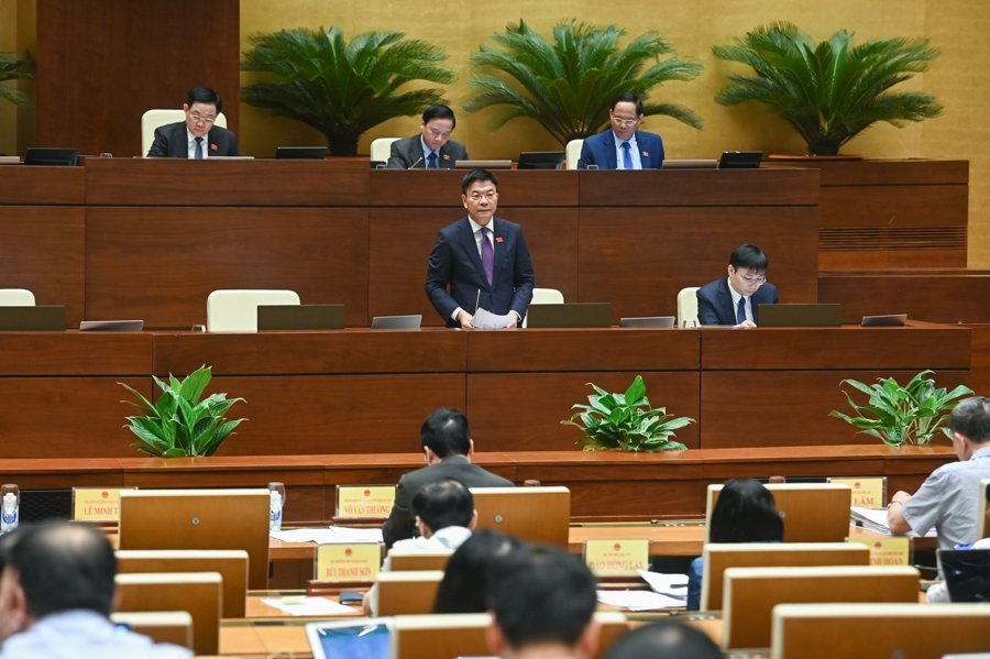 Bộ trưởng Bộ Tư pháp Lê Thành Long trả lời chất vấn tại Phiên họp thứ 25 của Uỷ ban Thường vụ Quốc hội. Ảnh: Quochoi.vn. 