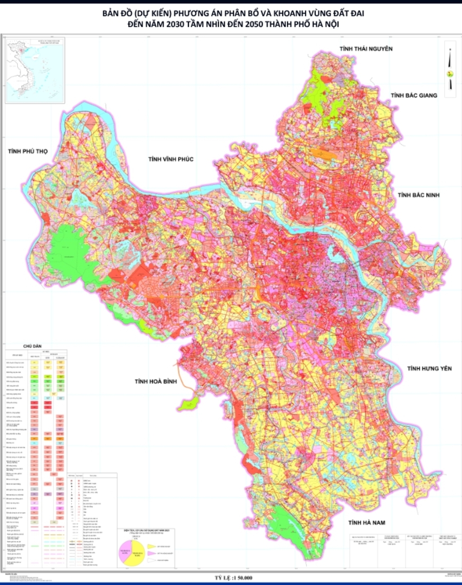 Bản đồ (dự kiến) phương án phân bổ và khoanh vùng đất đai đến năm 2030, tầm nhìn đến 2050 TP Hà Nội.