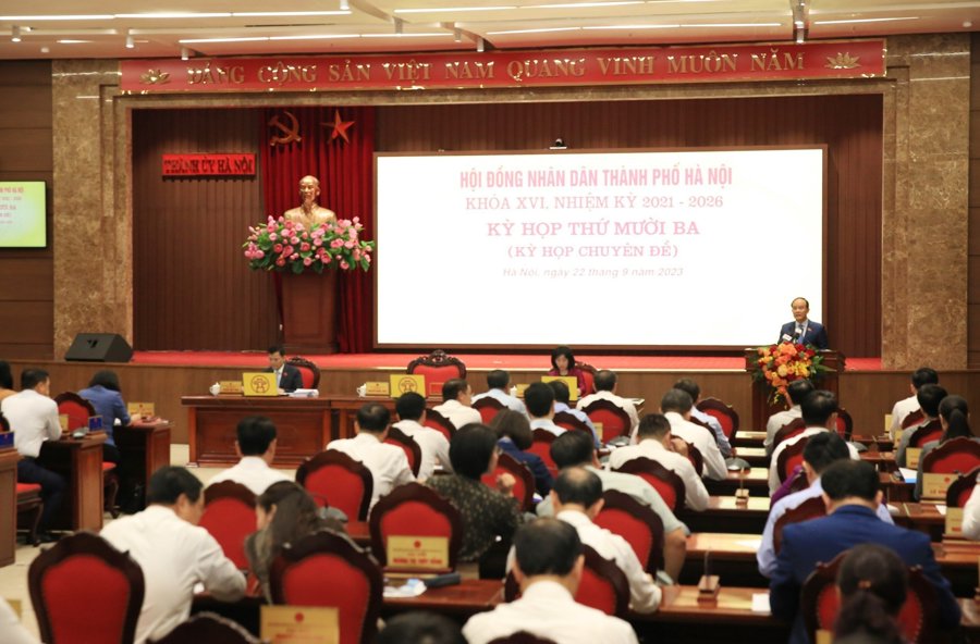 Quang cảnh Kỳ họp thứ 13, HĐND TP Hà Nội khoá XVI diễn ra ngày 22/9/2023