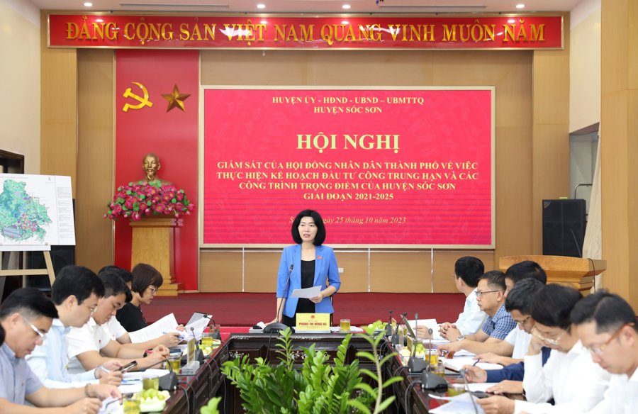 Phó Chủ tịch Thường trực HĐND TP Hà Nội Phùng Thị Hồng Hà, Trưởng Đoàn giám sát phát biểu tại buổi làm việc