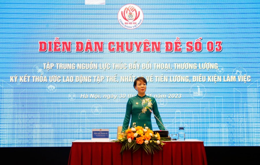 Trưởng Ban Quan hệ lao động, Tổng LĐLĐ Việt Nam Trần Thị Thanh Hà phát biểu tại diễn đàn