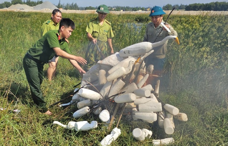 Lực lượng chức năng ở tỉnh Hà Tĩnh tiêu hủy chim cò giả được làm bằng xốp