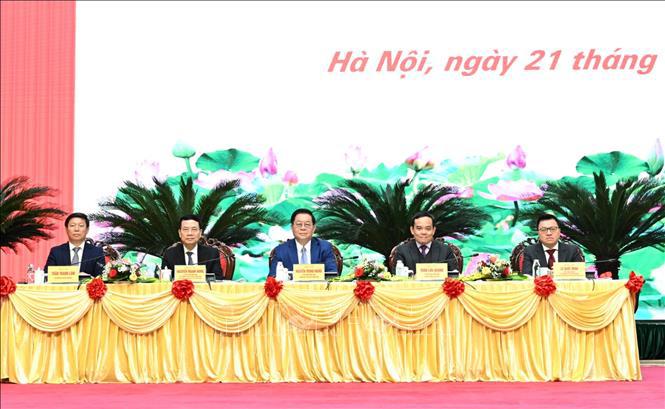 Các đồng chí lãnh đạo Ban Tuyên giáo Trung ương, Bộ Thông tin và Truyền thông, Hội Nhà báo Việt Nam chủ trì Hội nghị Báo chí toàn quốc tổng kết công tác năm 2023. Ảnh: Trọng Phú