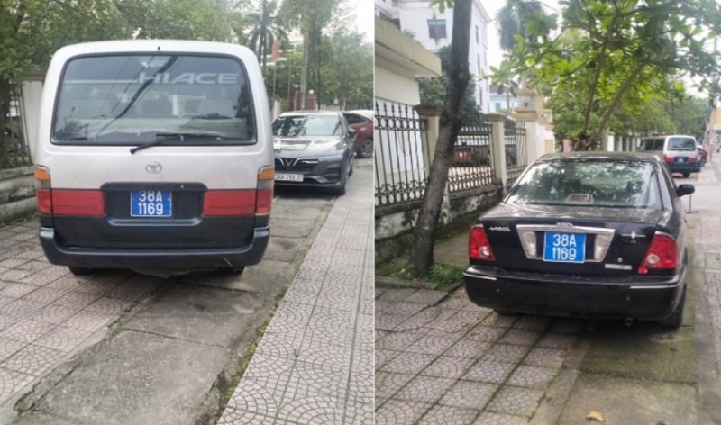 Hai xe ô tô có biển số xanh giống nhau dừng đỗ bên đường Võ Liêm Sơn, TP Hà Tĩnh