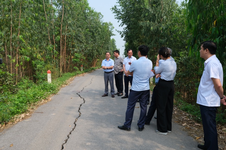 Lãnh đạo UBND thành phố Phúc Yên cùng các đơn vị chuyên môn kiểm tra các vết lún nứt tại tuyến đê Cà Lồ - Nam Viêm (đê Bá Hanh) thuộc thành phố Phúc Yên. Ảnh Sỹ Hào