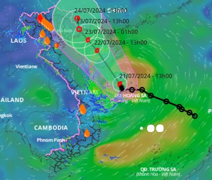 Vị trí và đường đi của bão số 2 cập nhật lúc 14 giờ ngày 21/7. Ảnh: Hệ thống giám sát thiên tai Việt Nam