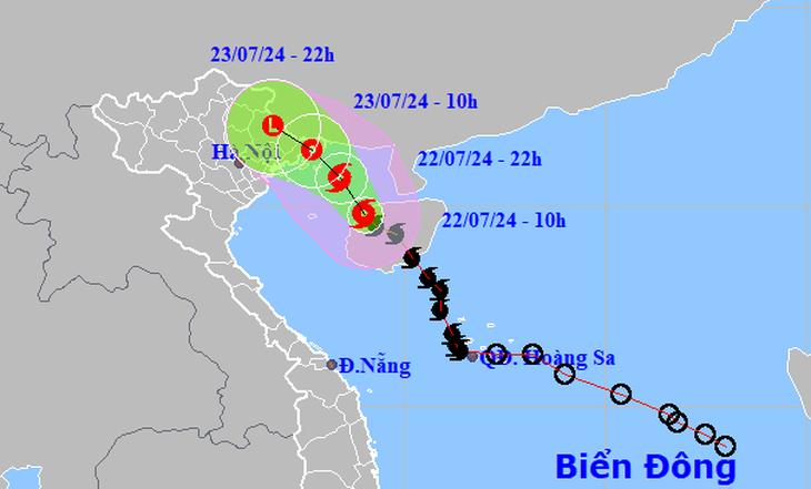 Vị trí và hướng di chuyển bão số 2 lúc 10h sáng 22/7. Ảnh: NCHMF