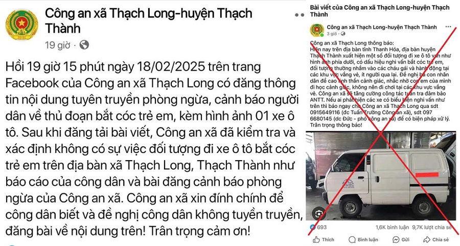 Thông tin liên quan đến việc bắt cóc trẻ em trên địa bàn xã Thạch Long, huyện Thạch Thành là không đúng sự thật và đã được đính chính.