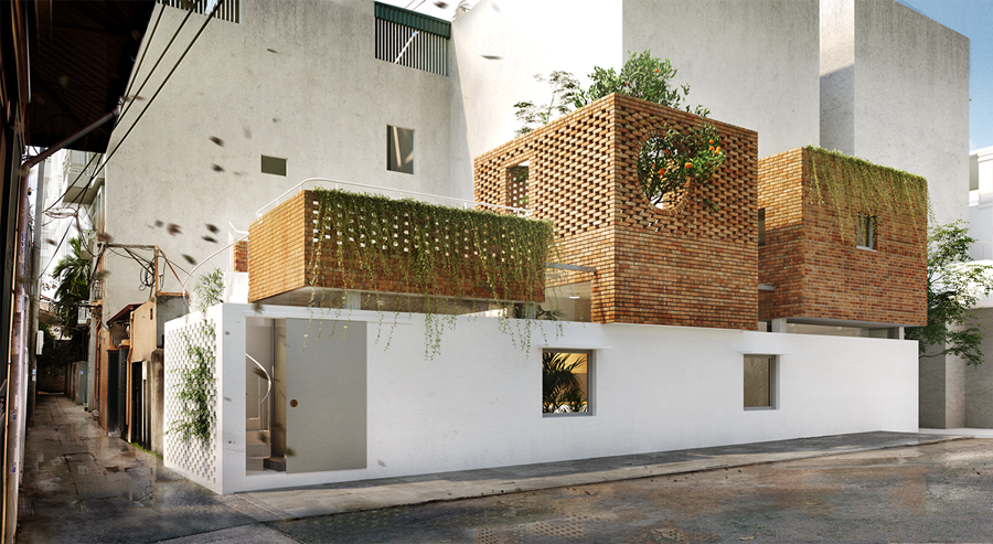 Mặt tiền nhà nổi bật khi kết hợp cây xanh với hệ thống tường lỗ hổng.