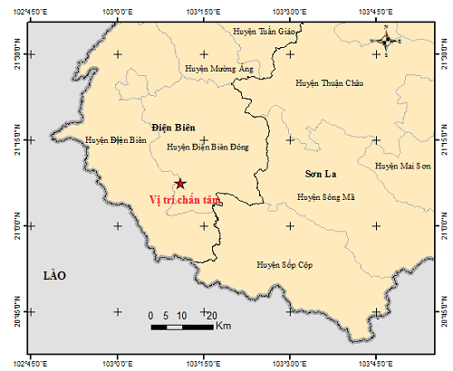 Bản đồ tâm chấn động đất xảy ra ở Điện Biên sáng 14/3.