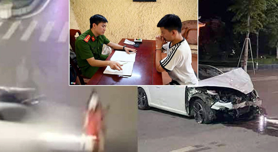 Cảnh sát lấy lời khai của tài xế Nguyễn Đức Thịnh (ảnh nhỏ) và chiếc xe Audi trong vụ tai nạn làm 3 người chết tại Bắc Giang. Ảnh: Internet.