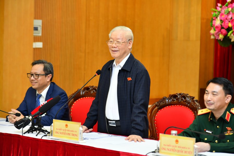 Tổng Bí thư Nguyễn Phú Trọng phát biểu tại hội nghị tiếp xúc cử tri trước Kỳ họp thứ Tư, Quốc hội khóa XV. Ảnh: Đăng Khoa. 