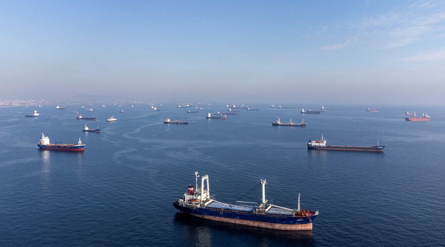 Các tàu thương mại, bao gồm các tàu nằm trong thỏa thuận xuất khẩu ngũ cốc ở Biển Đen, chờ đi qua eo biển Bosphorus ngoài khơi Yenikapi, Istanbul, Thổ Nhĩ Kỳ, ngày 31/10/2022. Ảnh: Reuters