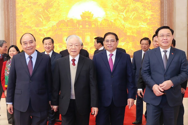 Tổng Bí thư Nguyễn Phú Trọng và các đồng chí lãnh đạo Đảng, Nhà nước đến dự Hội nghị - Ảnh: VGP/Nhật Bắc