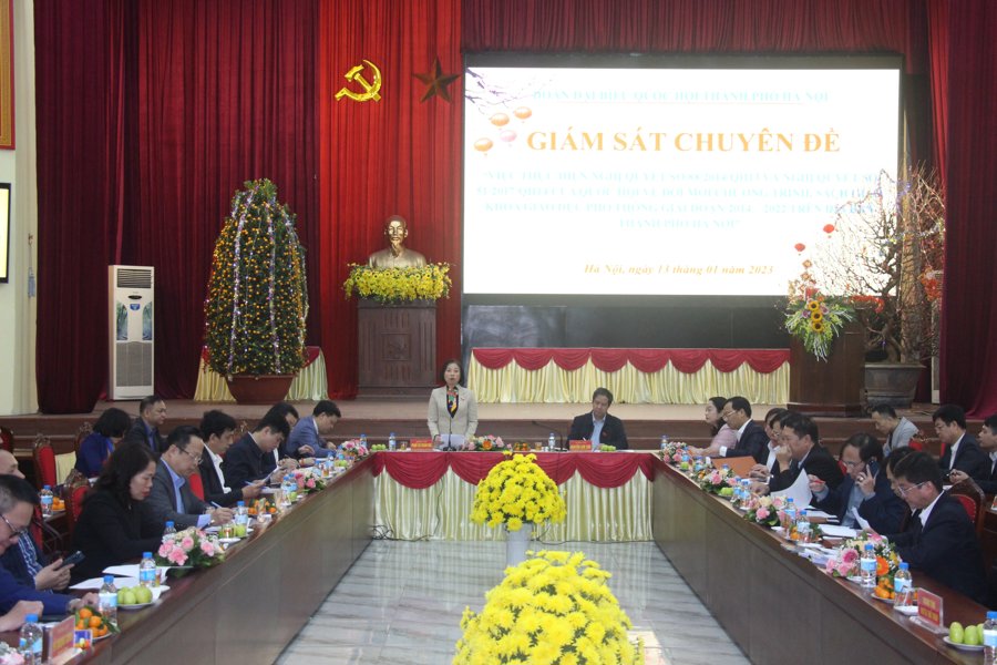Phó trưởng đoàn chuyên trách Đoàn ĐB Quốc hội TP Hà Nội Phạm Thị Thanh Mai phát biểu tại buổi làm việc.
