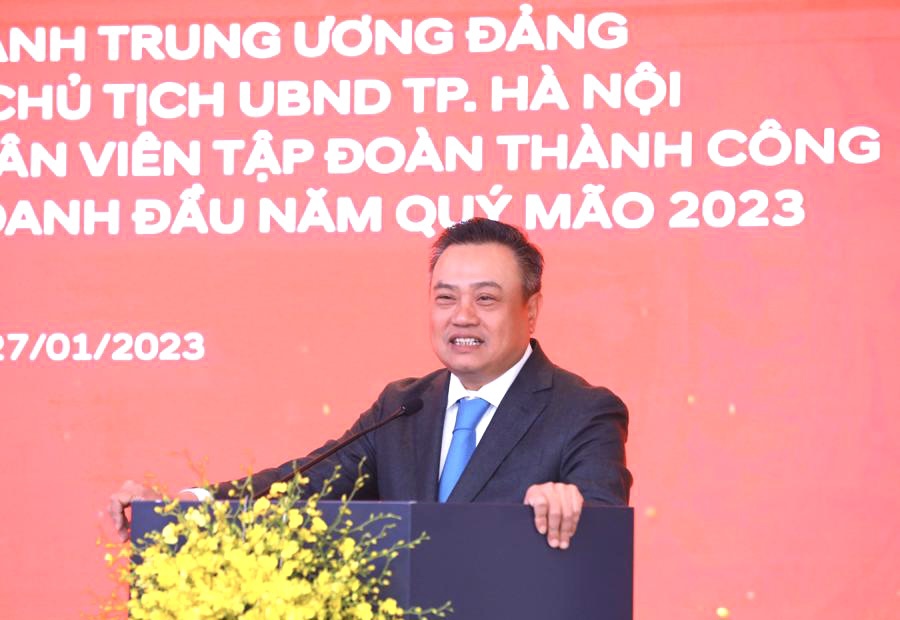 Chủ tịch UBND TP Hà Nội Trần Sỹ Thanh phát biểu tại buổi gặp mặt với lãnh đạo, cán bộ, người lao động Tập đoàn Thành Công.  