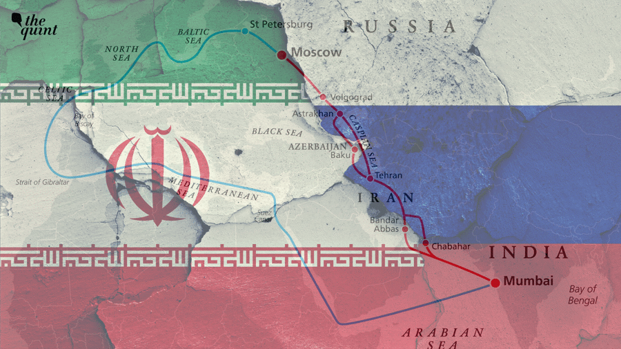 Hành lang Giao thông Quốc tế Bắc-Nam (INSTC) dài 7.200 km, chạy từ St Petersburg qua miền Nam nước Nga, Azerbaijan, Iran, đến Mumbai, Ấn Độ. Ảnh: The Quint