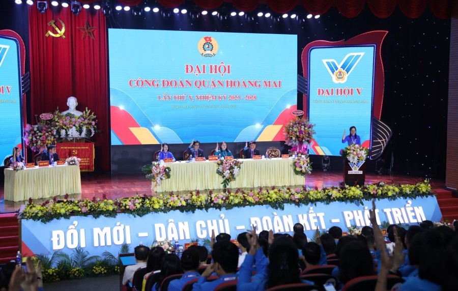 Đại hội Công đoàn quận Hoàng Mai, thành phố Hà Nội lần thứ V, nhiệm kỳ 2023-2028 (ảnh: Hải Yến)
